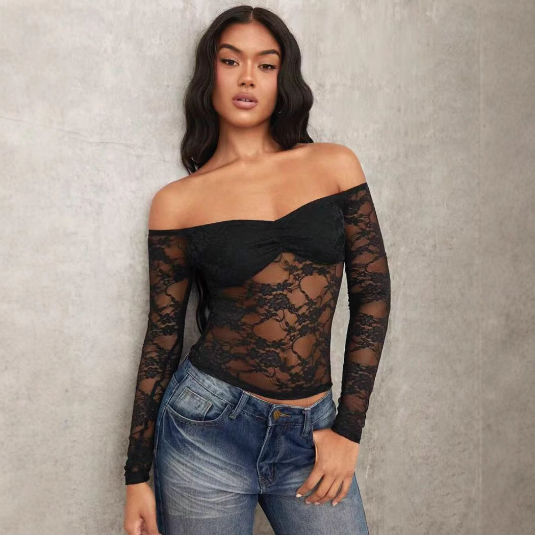 Dame Off-Shoulder Spids Top med lange ærmer og romantiske detaljer Skovae