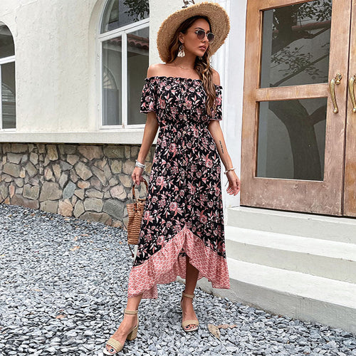 Kvinders Off-Shoulder Maxi Kjole med Blomster Mønster og Høj Split Stilla