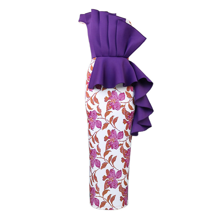 Dame elegant kjole med asymmetrisk flæse design og blomster mønstre Skovae