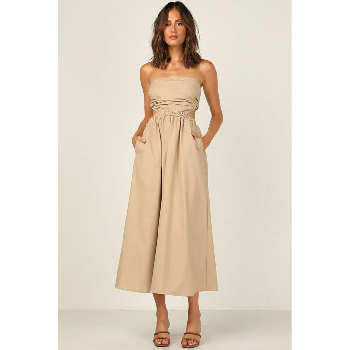 Women Strapless Maxi Dress with Side Cut-Out and Practical Pocket Design Skovae