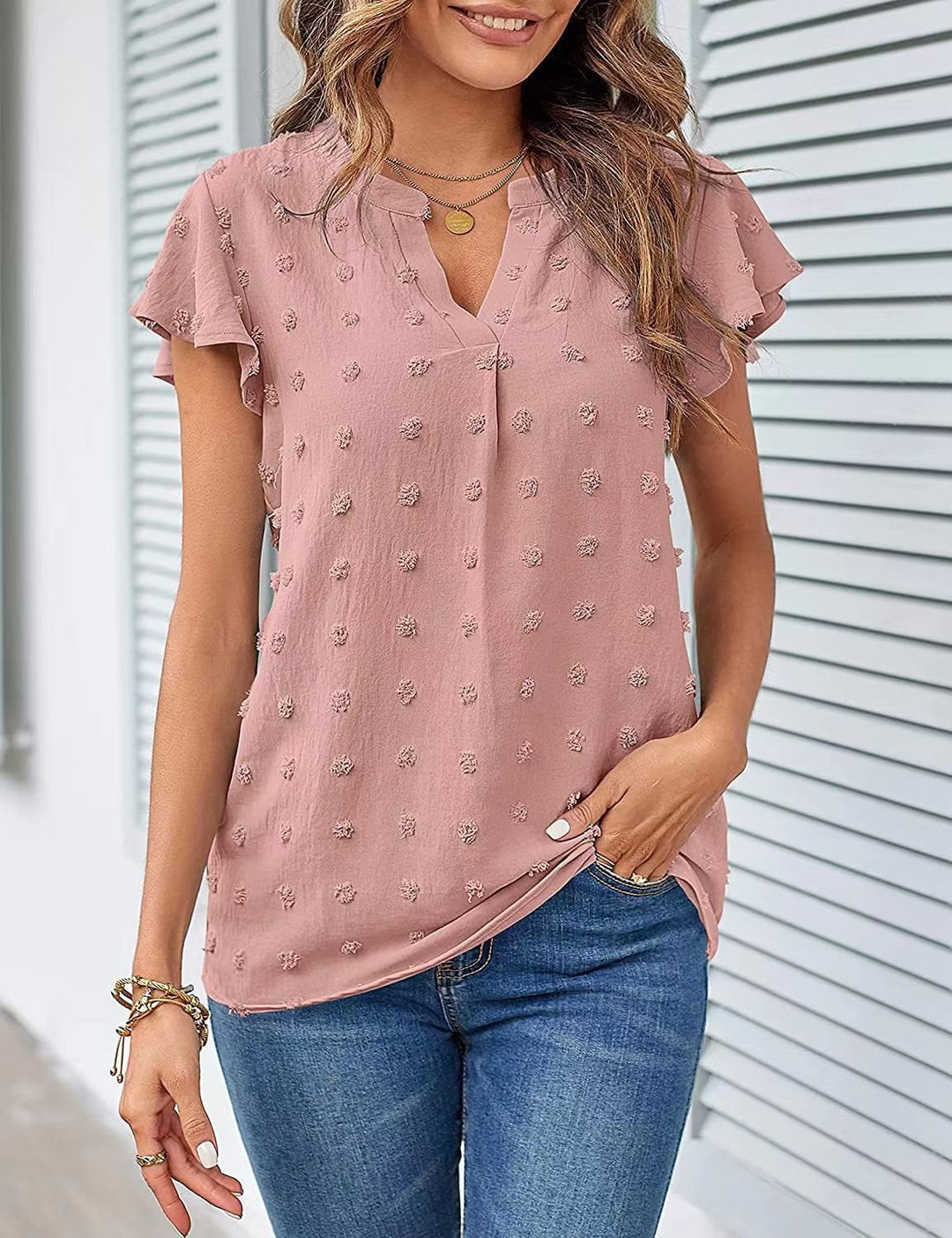 Dame elegant blouse med fint strukturdesign og korte ærmer Stilla