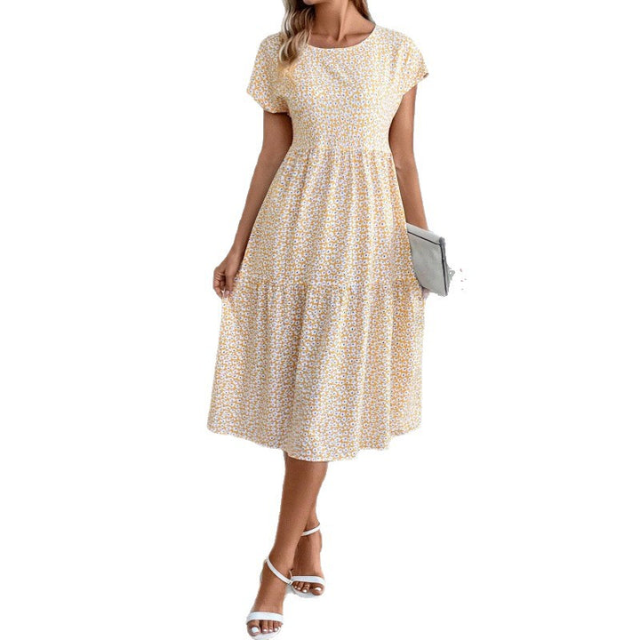 Damer Floral Print Midi Kjole med korte ærmer Stilla