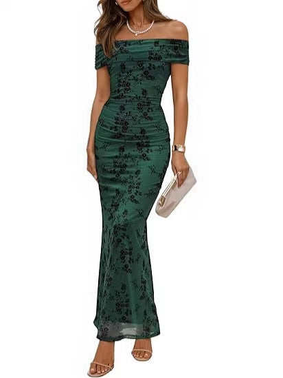 Dame elegant off-shoulder maxikjole med blomsterprint og elastisk indlæg Skovae