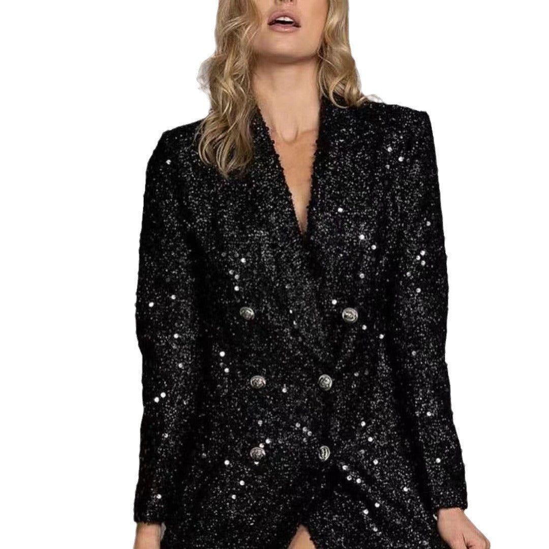 Dame Funklende Blazer med skinnende pailletter og dobbelt knapliste Stilla