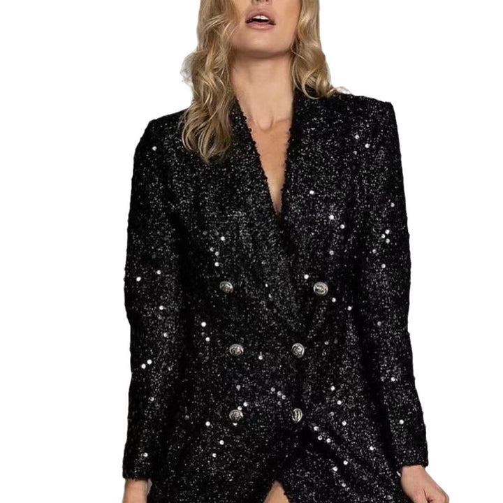 Dame Funklende Blazer med skinnende pailletter og dobbelt knapliste Stilla