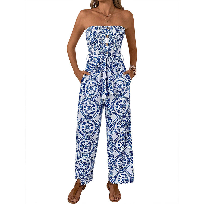 Dame strapless jumpsuit med bred ben og blomsterprint Stilla