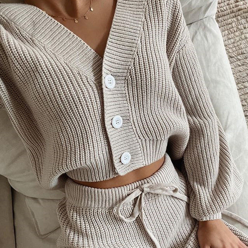 Kvinders strikket loungewear sæt med knapdetaljer og elastisk talje Skovae