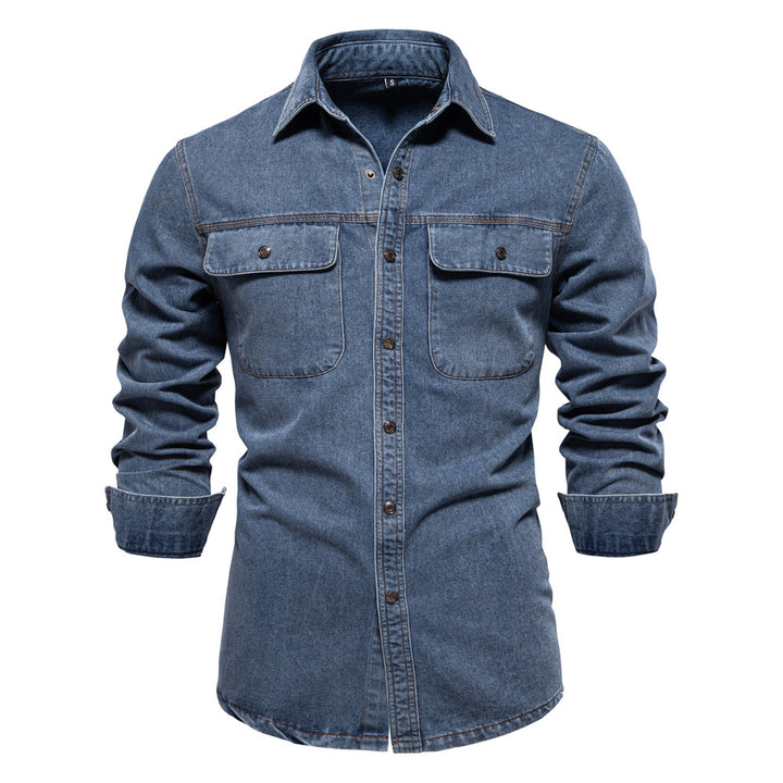 Herren denim skjorte med struktureret stof og praktiske brystlommer Stilla