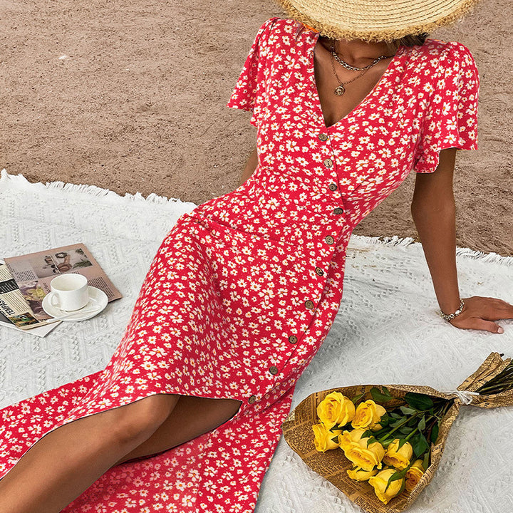 Dame Floral Button-Up Maxi Kjole med høj split Stilla