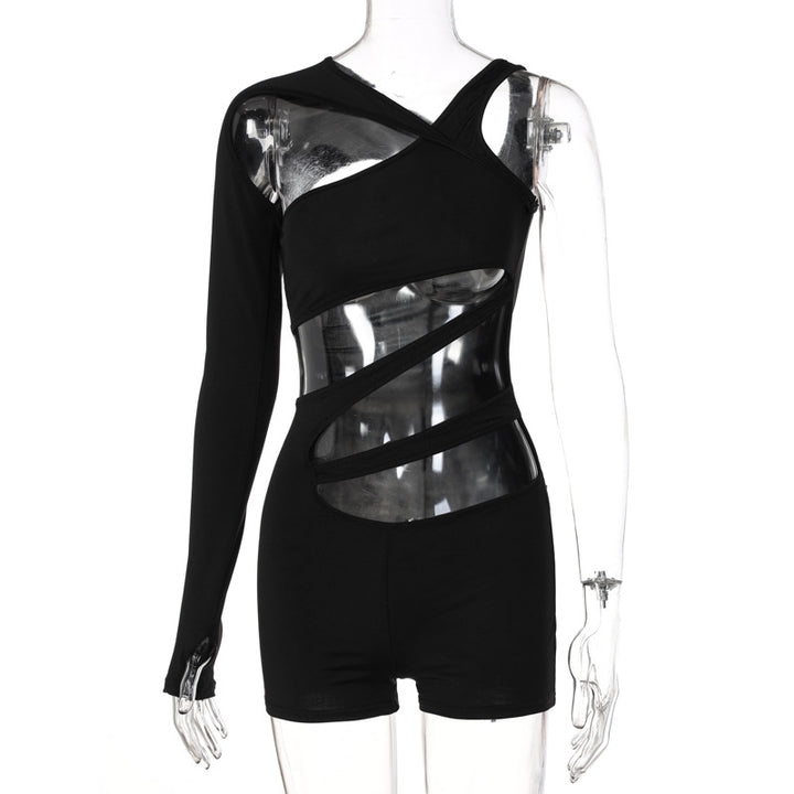 Dame jumpsuit med trendy asymmetrisk design og gennemsigtige indsatser Stilla