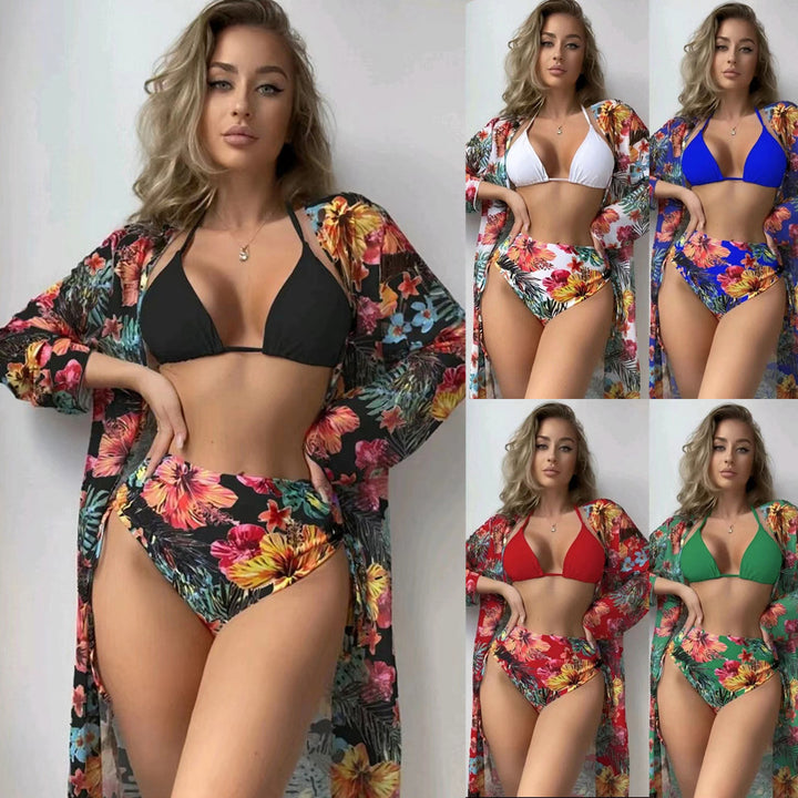 Dame Højskåret Bikini med floralt design og let Cover-Up Stilla