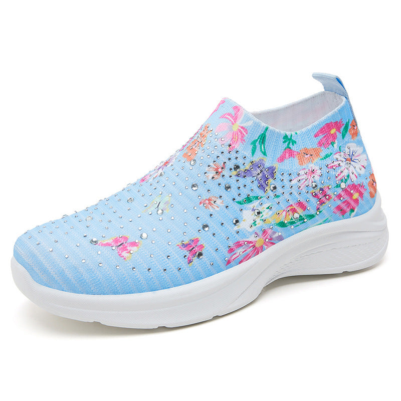 Dame Elastiske Slip-On Sneakers med floralt Strassdesign og dæmpende sål Stilla