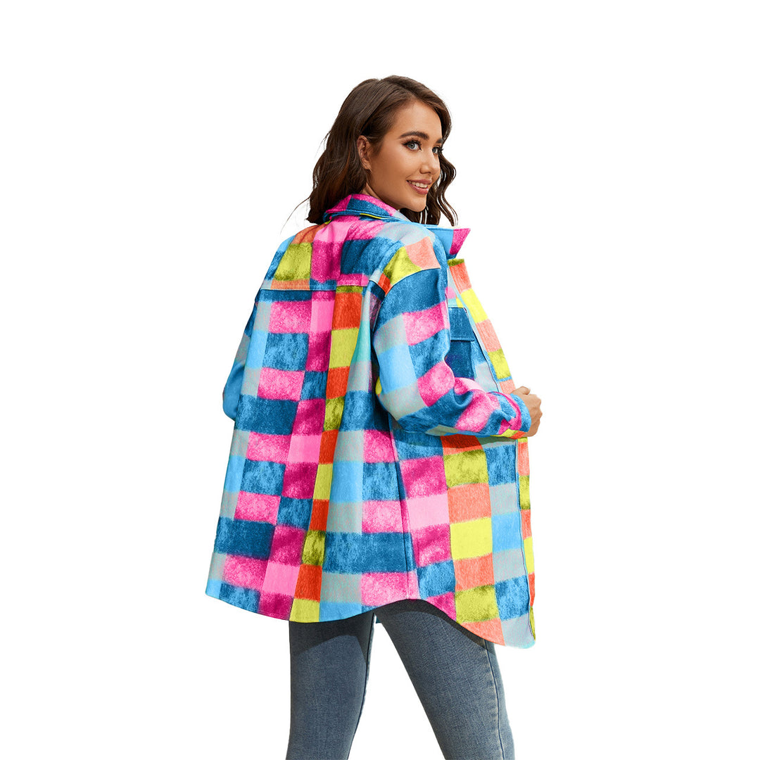 Dame Tjekket Flannel Jakke med Praktiske Lommer og Oversized Snit