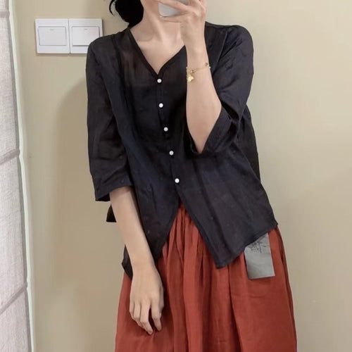 Femme Trekvart-ærme Button-Up Linned Top Stilla