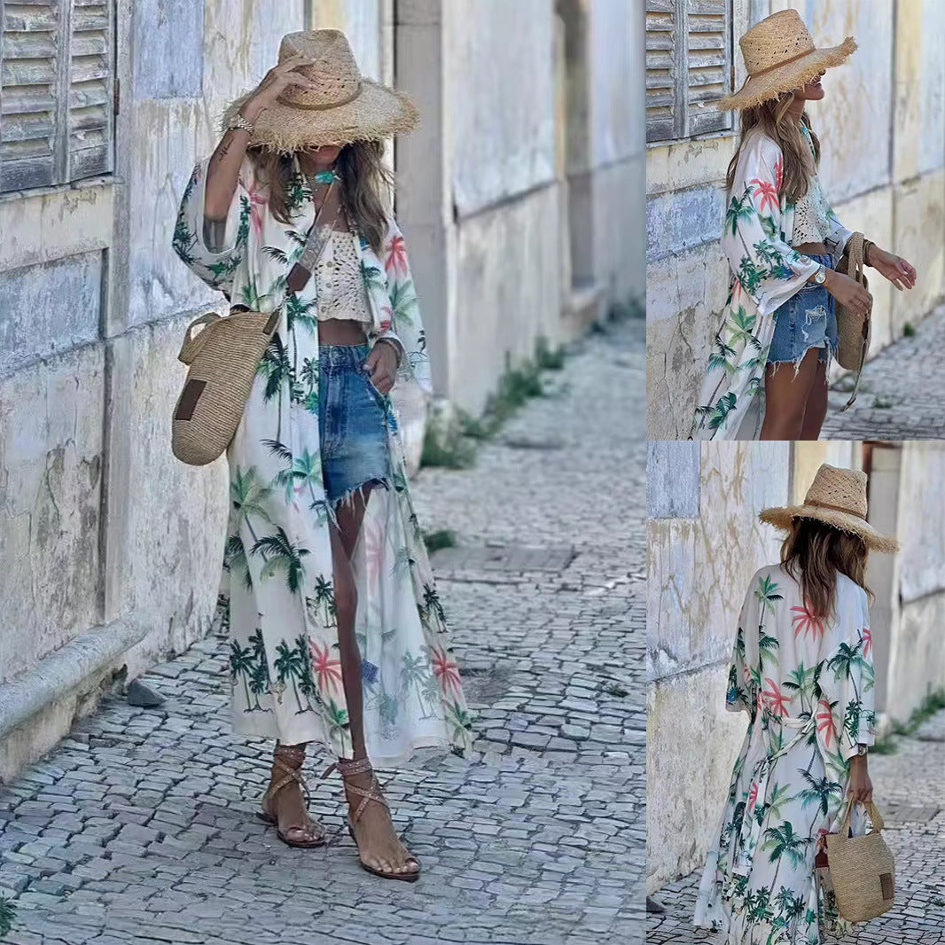 Dame Sommerlig Strandkimono med blomsterprint og afslappet snit Stilla
