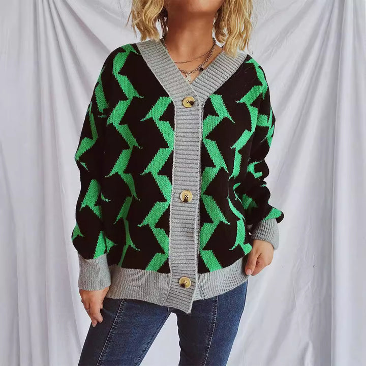 Kvinders cardigan med moderne geometrisk mønster og elegante knapdetaljer Stilla