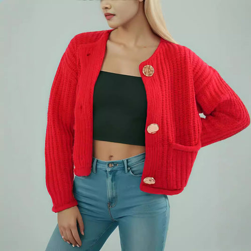 Kvinders hyggelige cardigan med store knapper og lomme med klap Stilla