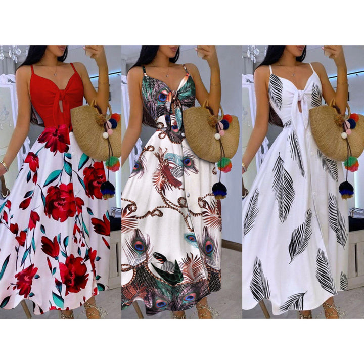 Dame Floral Maxi Kjole med justerbare Spaghetti-stropper og knudedetalje Stilla