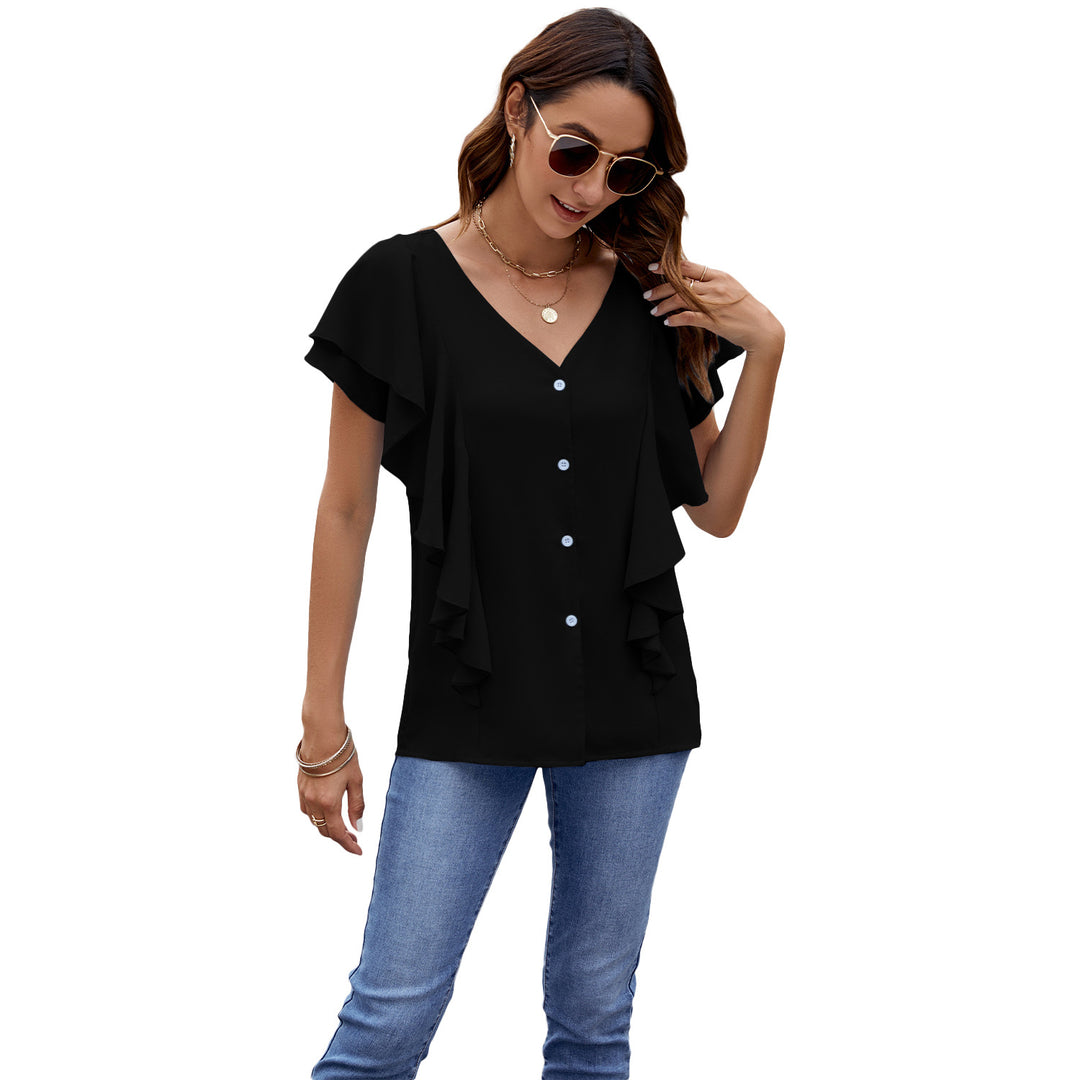 Damebluse med ruffles detaljer og V-udskæring Stilla