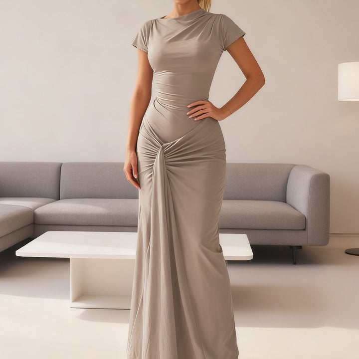 Dame Elegant Langærmet Maxi-kjole med drapering og figursyet snit Skovae