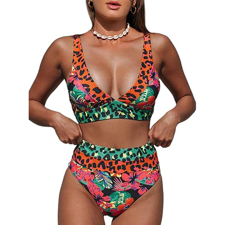 Dame Højskåret Bikini med farverigt dyr- og blomsterprint Stilla
