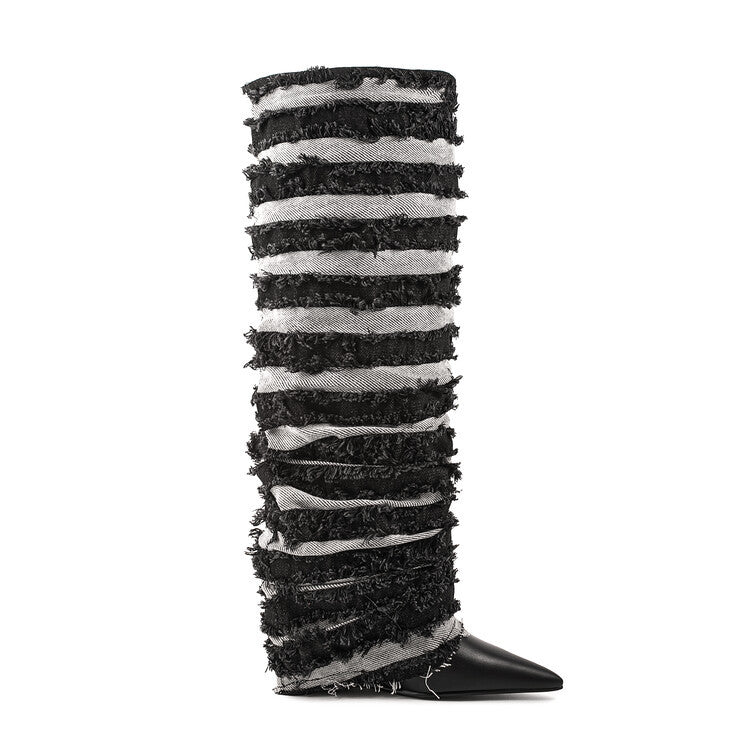 Dame High-Gloss Over-the-Knee Slipstøvler med Rüschendetails Stilla