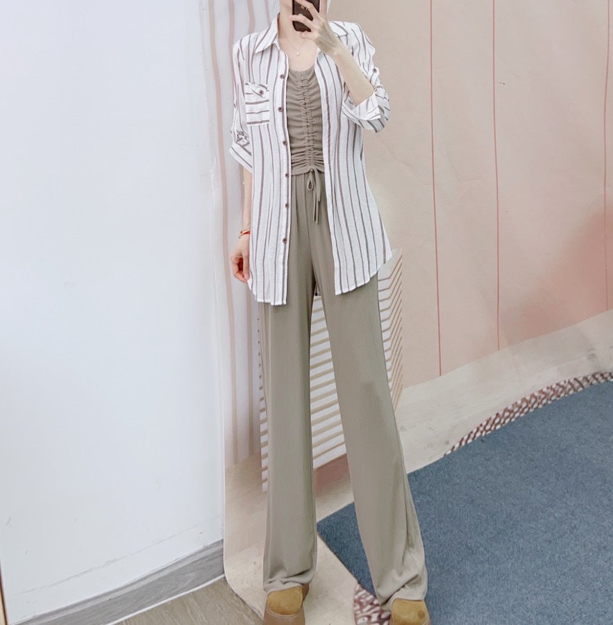 Damer Løst skåret lang bluse med stribet design og linned-blanding Stilla