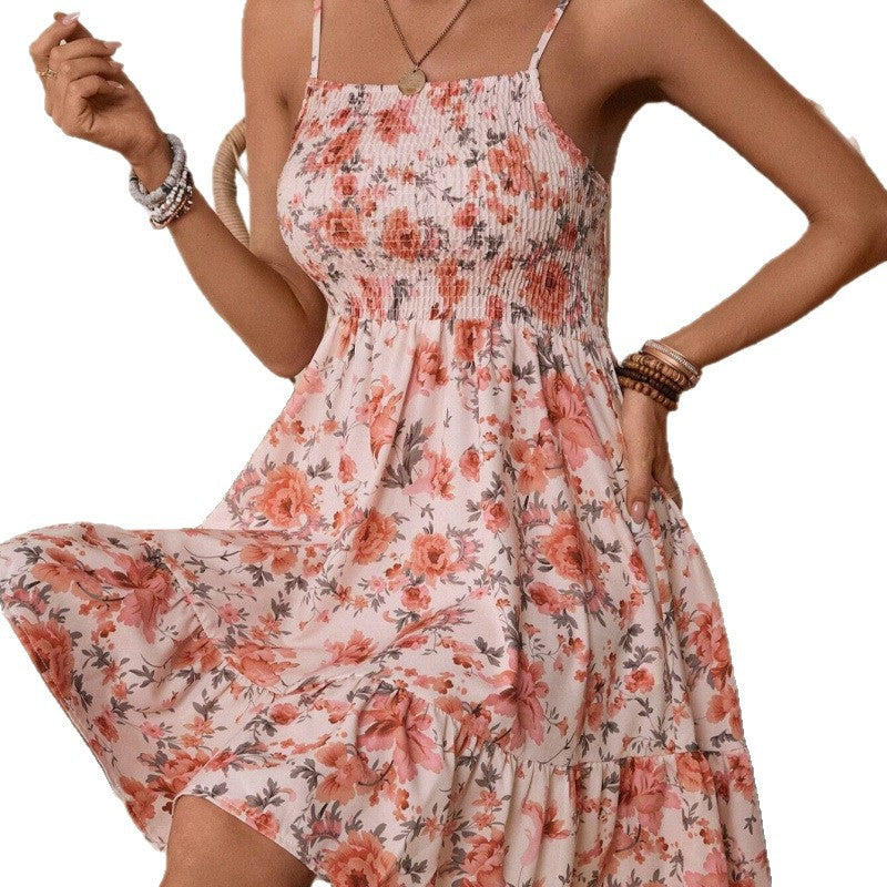 Dame Floral Print A-linje Mini Kjole med rynket Overdel Stilla