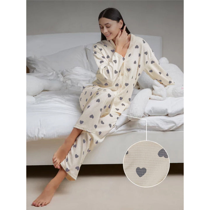 Femme Cozy Hjerte Tryk Loungewear Sæt Stilla