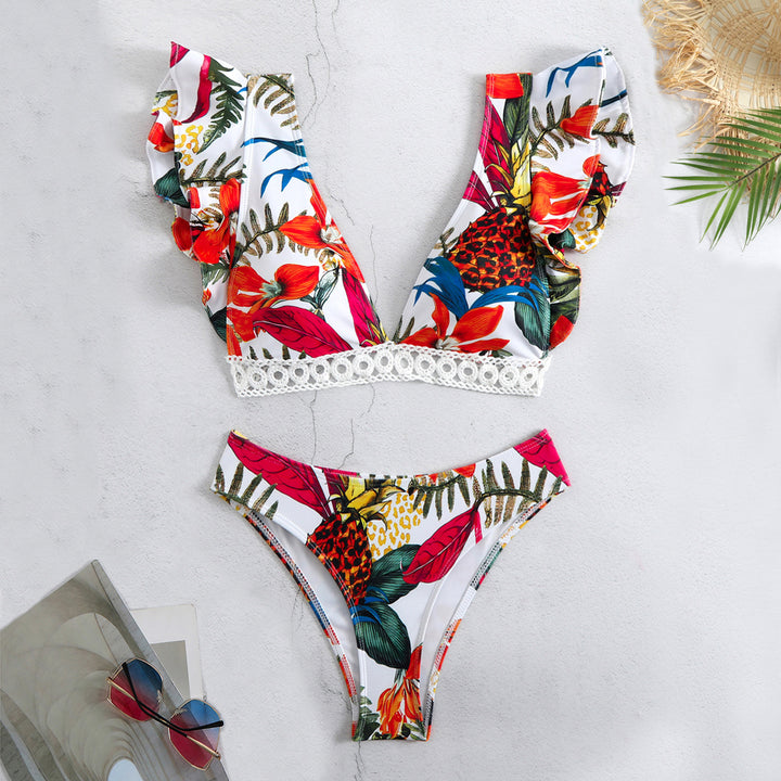 Dame bikini-sæt med voluminøse flæser og blomstret design Stilla