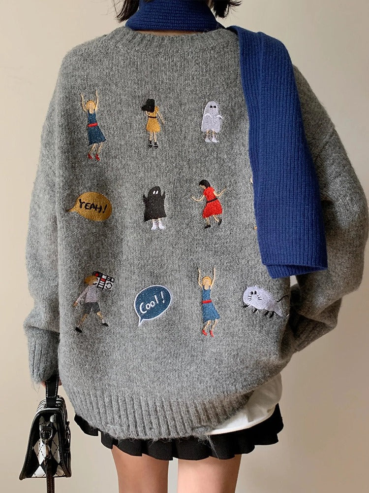 Kvindernes chunky strikket sweater med unik broderi Stilla