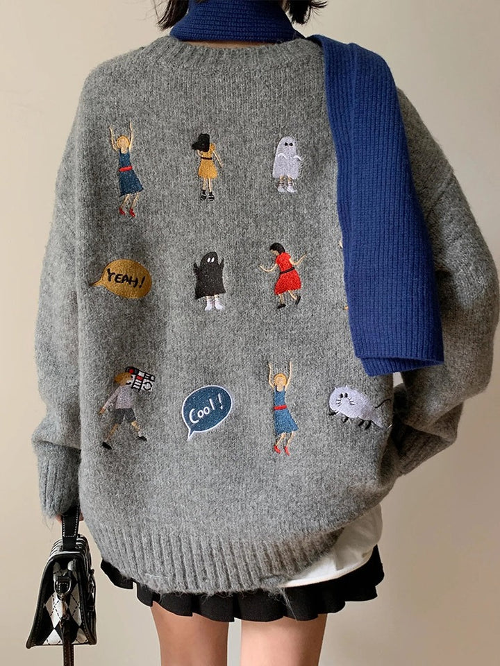 Kvindernes chunky strikket sweater med unik broderi Stilla