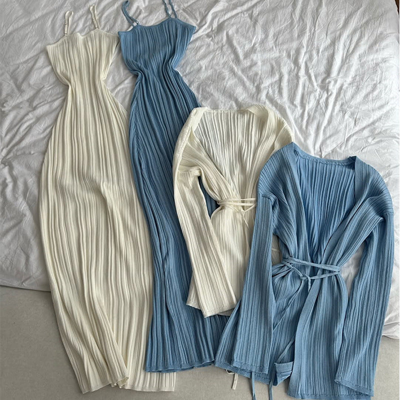 Dame maxikjole med elegant cardigan i moderne ribdesign Stilla