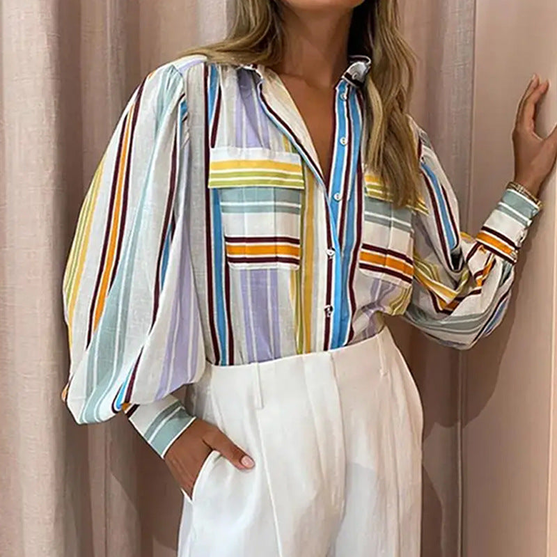 Kvinders afslappede bluse med elegante puffærmer og stribede mønstre Stilla