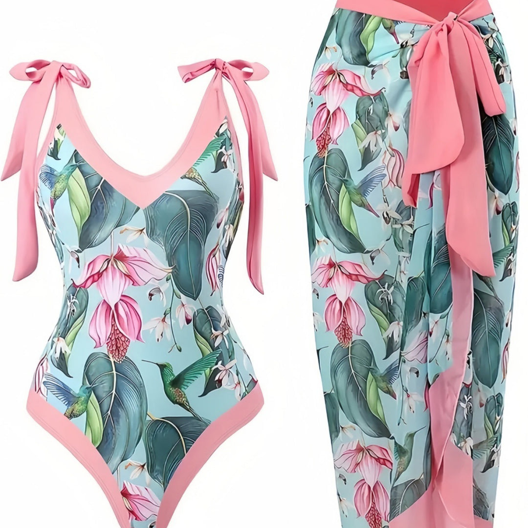 Dame Badedragt-sæt med blomsterkaftan og afslappede sløjfer Stilla