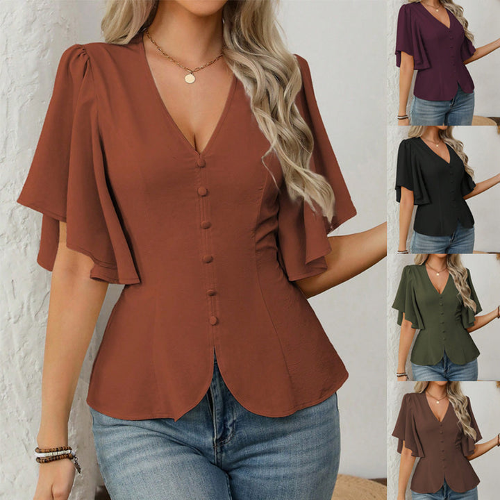 Damer elegant bluse med klokkeærmer og knapdetalje Skovae