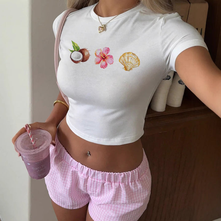 Dame Crop-top med sommerligt motiv Skovae