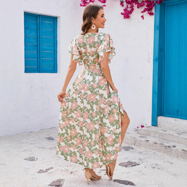 Dame maxikjole med blomstrede ruffles og tætsiddende snit Stilla