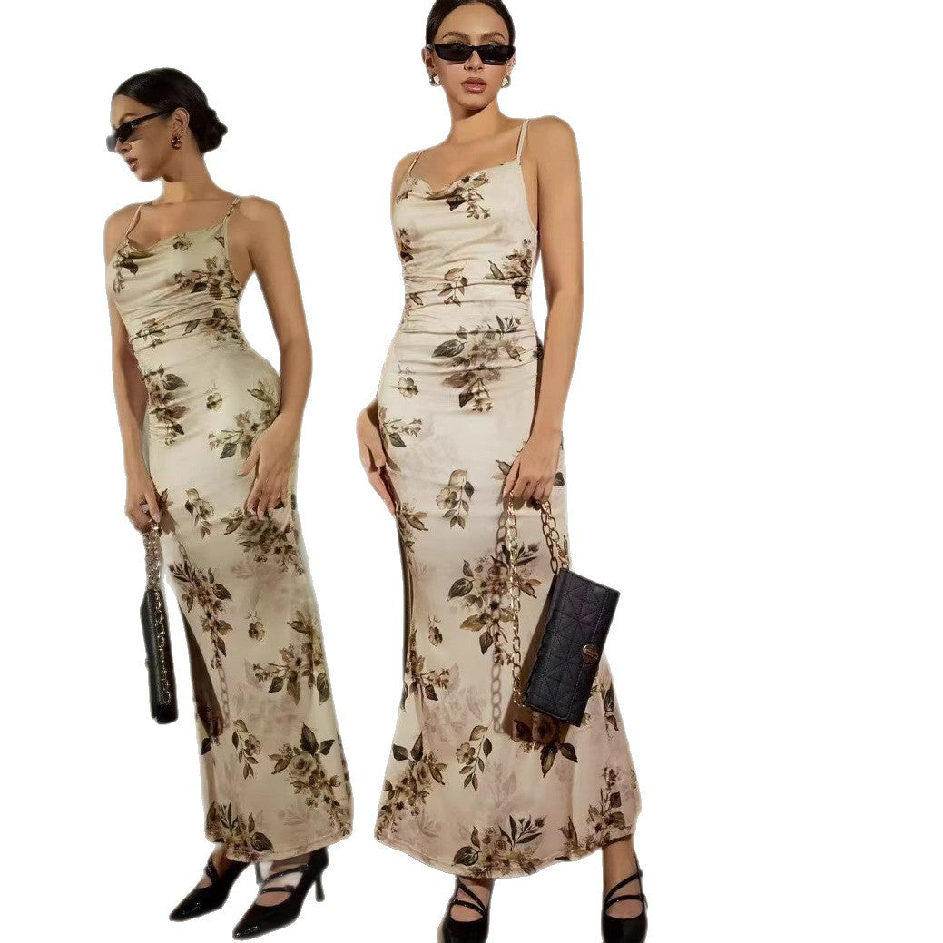 Dame Elegant Maxikjole med floral dekoration og rynker Skovae