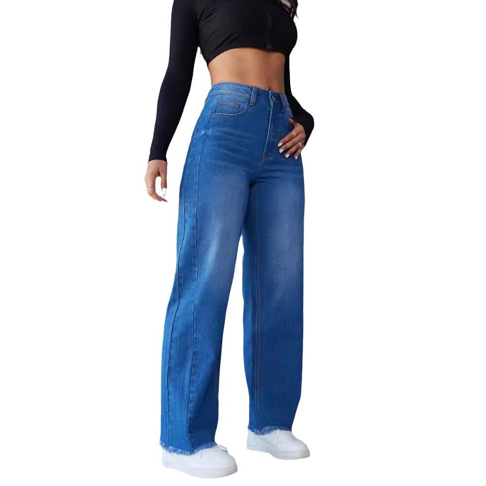 Dame Højtaljede Mom-Jeans med afslappet snit og frynset kant Stilla
