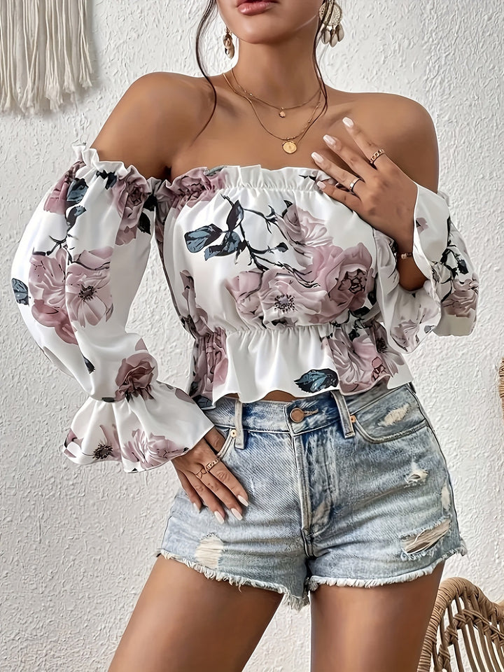 Dame Minimal Off-Shoulder Bluse med Rüschensaum og blomster mønster Stilla