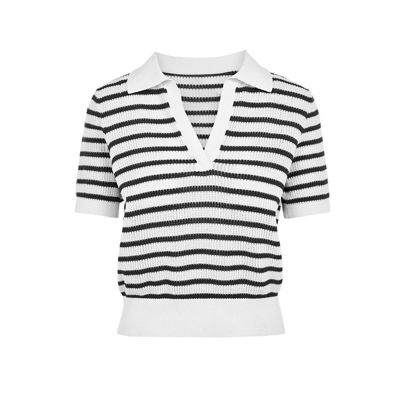 Dame stribet polo t-shirt med elegant strikkestruktur og kort ærme Stilla