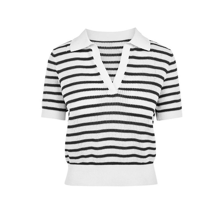 Dame stribet polo t-shirt med elegant strikkestruktur og kort ærme Stilla