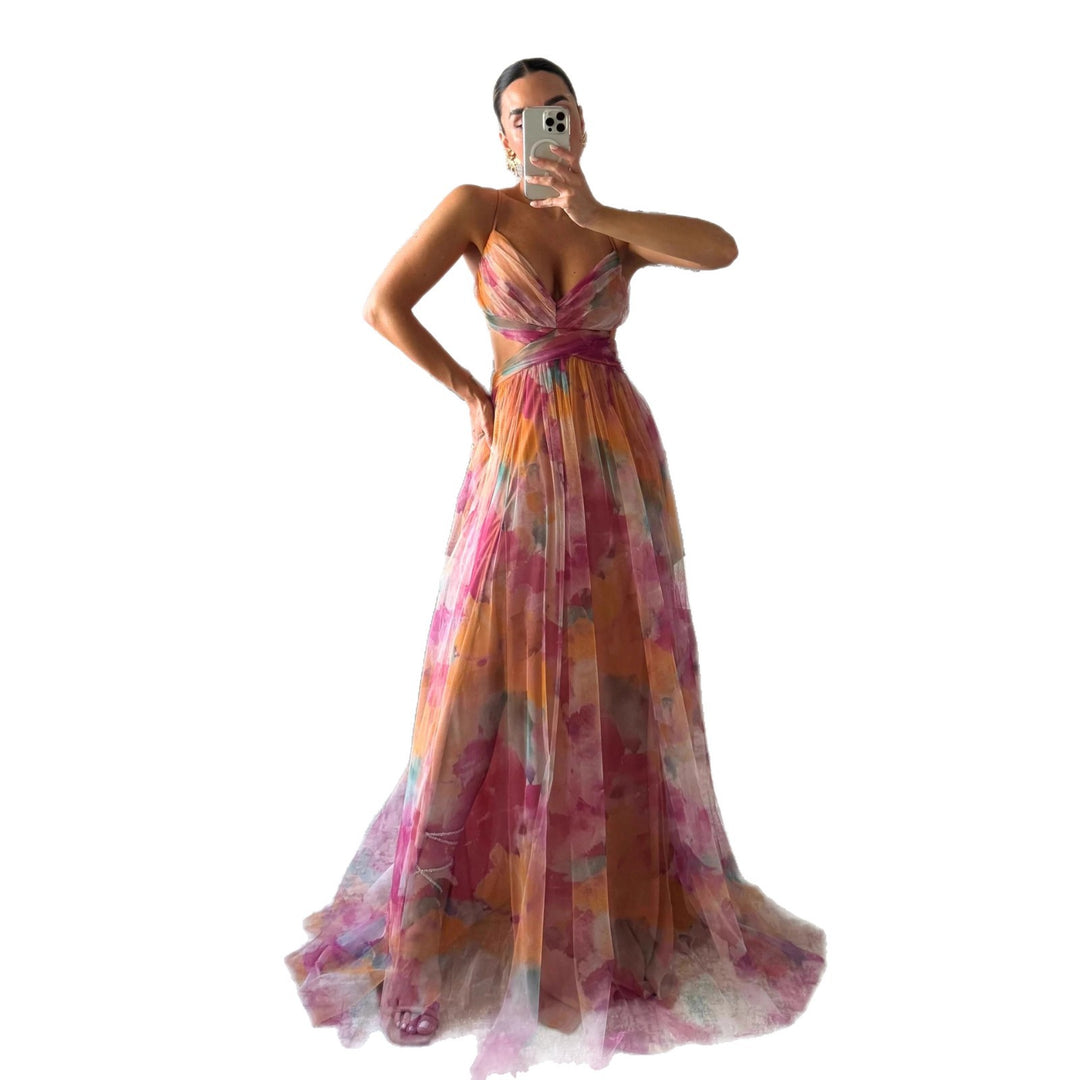 Dames maxi kjole med blomster chiffon design og elegant bælte