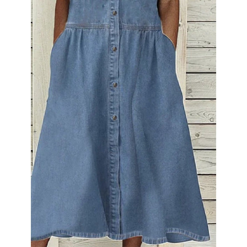 Dame Knap-Down Denim Midi Kjole Stilla