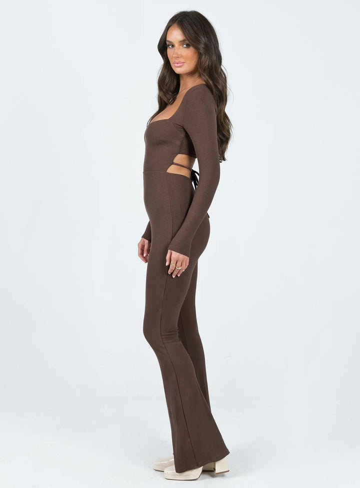 Dame Elegant Langærmet Jumpsuit med vide ben og hjerteformet udskæring Stilla