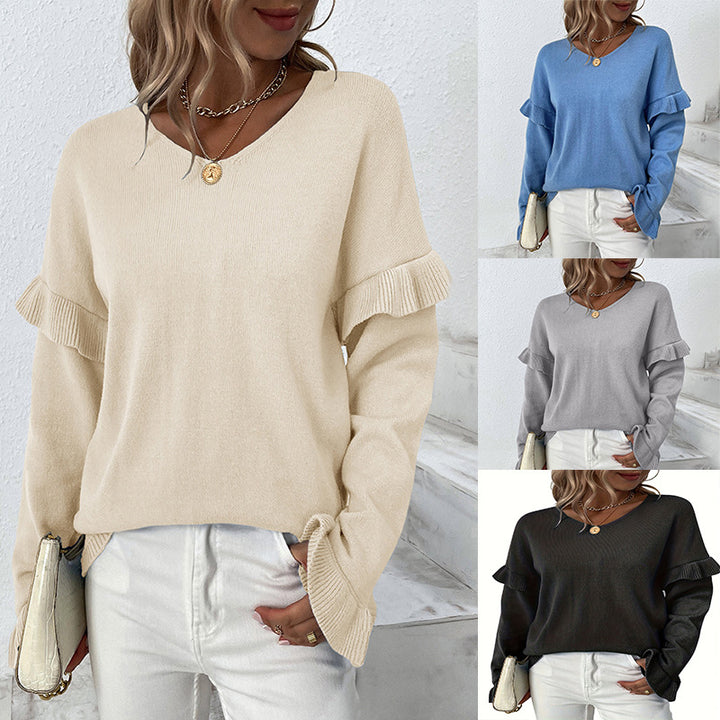 Dame sweater med flæsedetaljer og V-hals Stilla