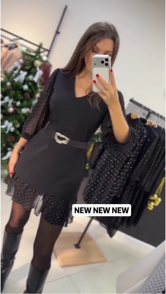 Dame elegant kjole med transparente puffærmer og lukning bælte Stilla