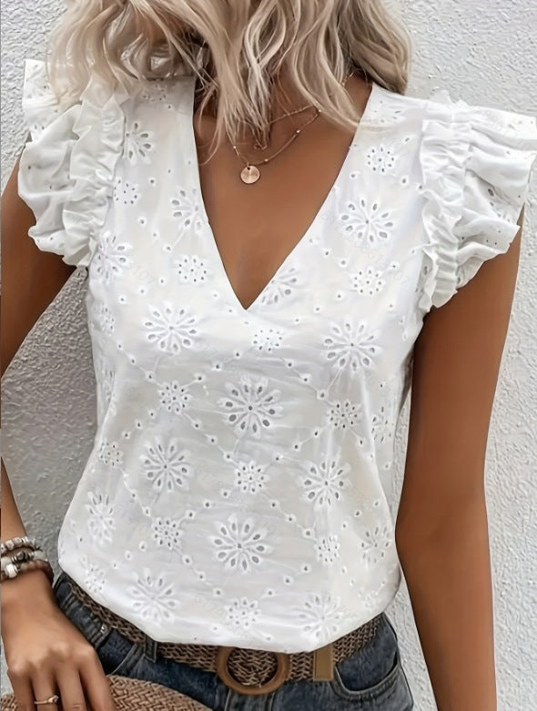 Damebluse med flæseærmer og broderede blomster Stilla