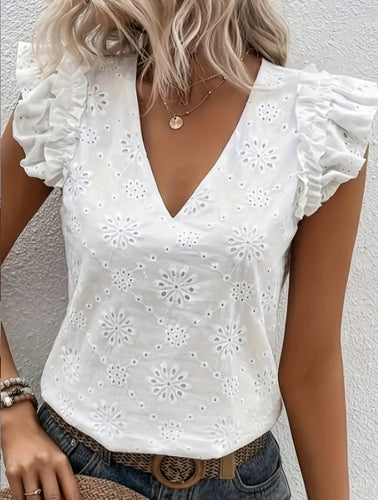 Damebluse med flæseærmer og broderede blomster Stilla